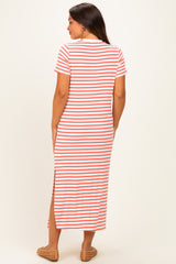Coral/ Ivory Striped Short Sleeve Maternity Midi Dress