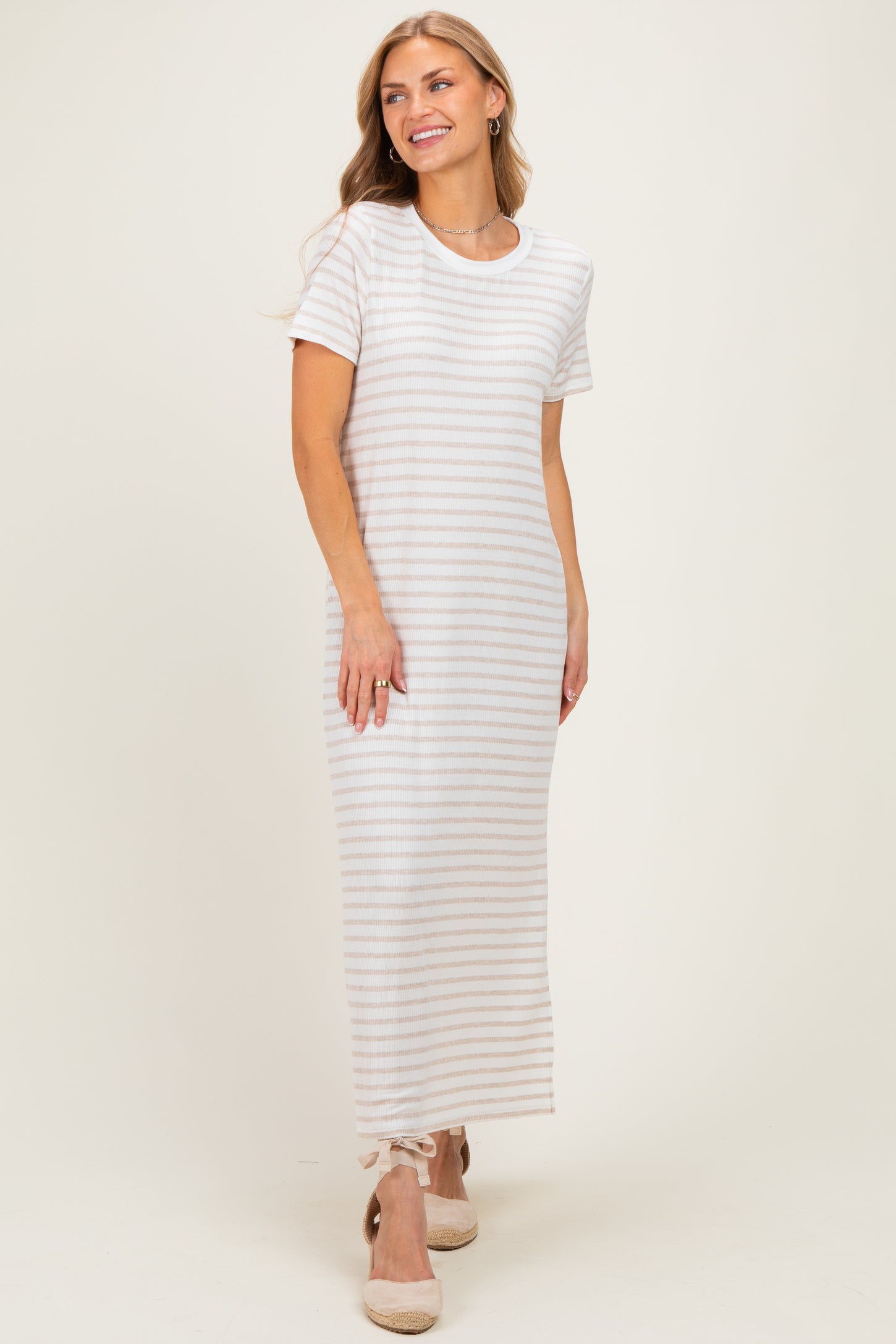 Oatmeal/ Ivory Striped Short Sleeve Maternity Midi Dress