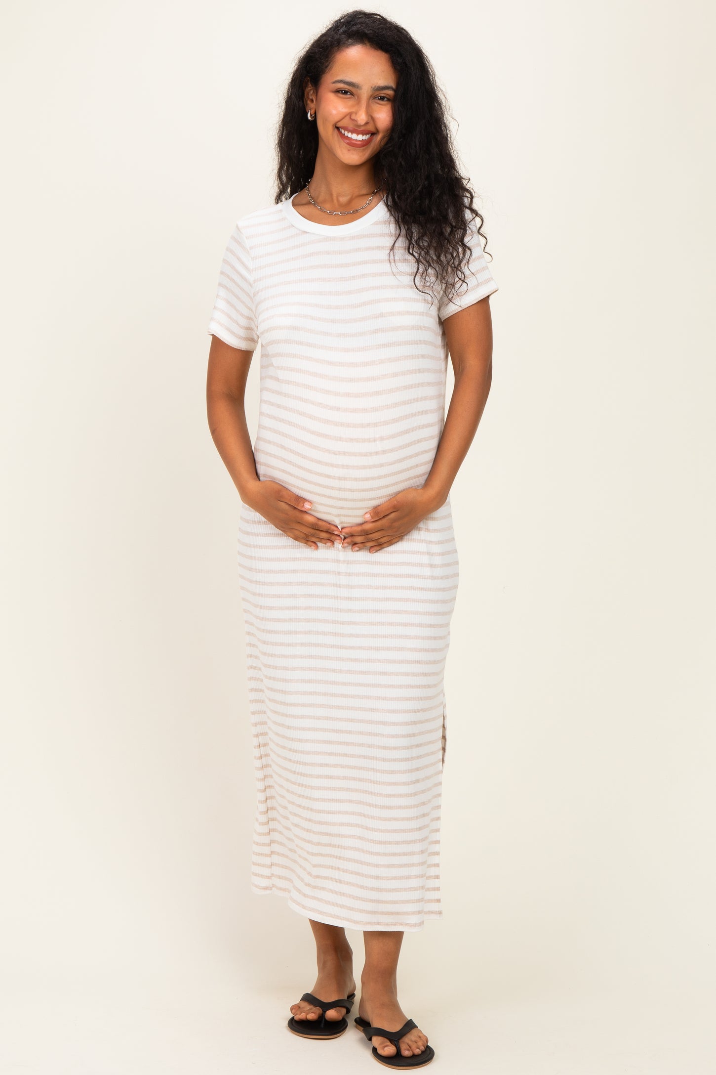 Oatmeal/ Ivory Striped Short Sleeve Maternity Midi Dress