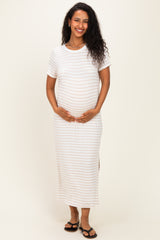 Oatmeal/ Ivory Striped Short Sleeve Maternity Midi Dress
