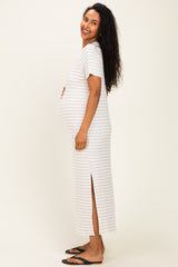 Oatmeal/ Ivory Striped Short Sleeve Maternity Midi Dress
