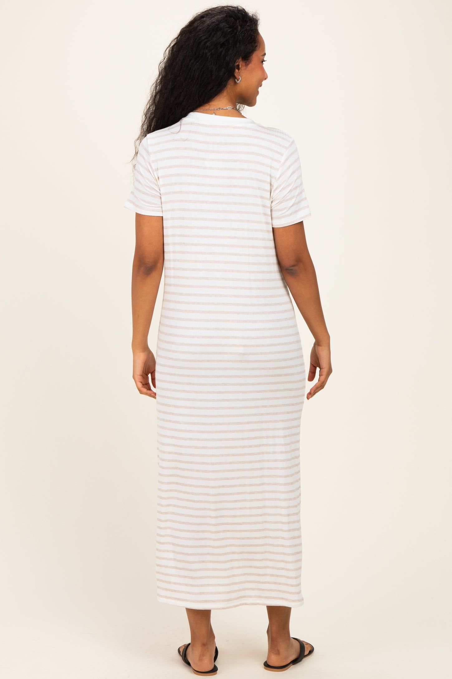 Oatmeal/ Ivory Striped Short Sleeve Maternity Midi Dress