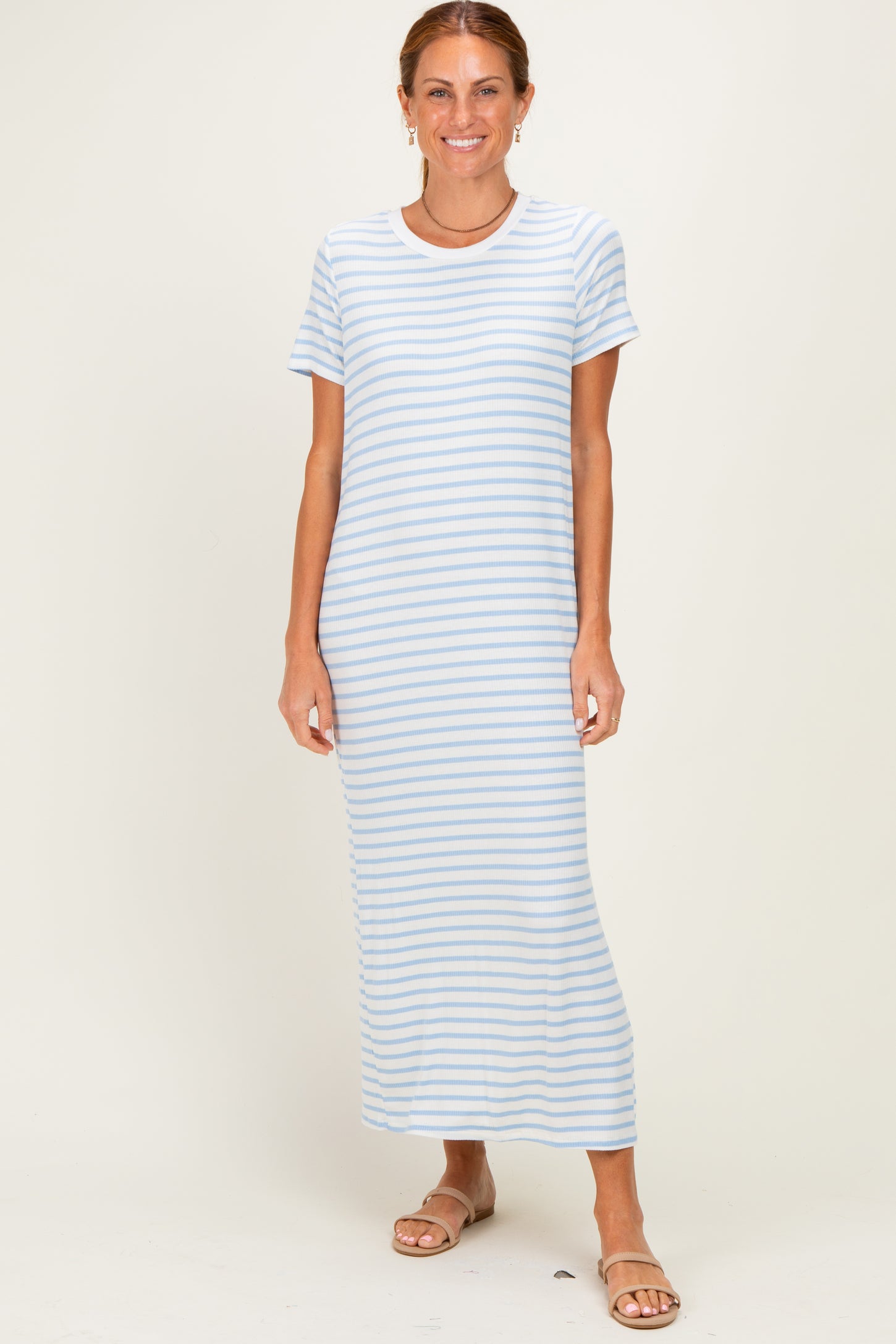 Light Blue/ Ivory Striped Short Sleeve Midi Dress