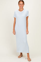 Light Blue/ Ivory Striped Short Sleeve Midi Dress