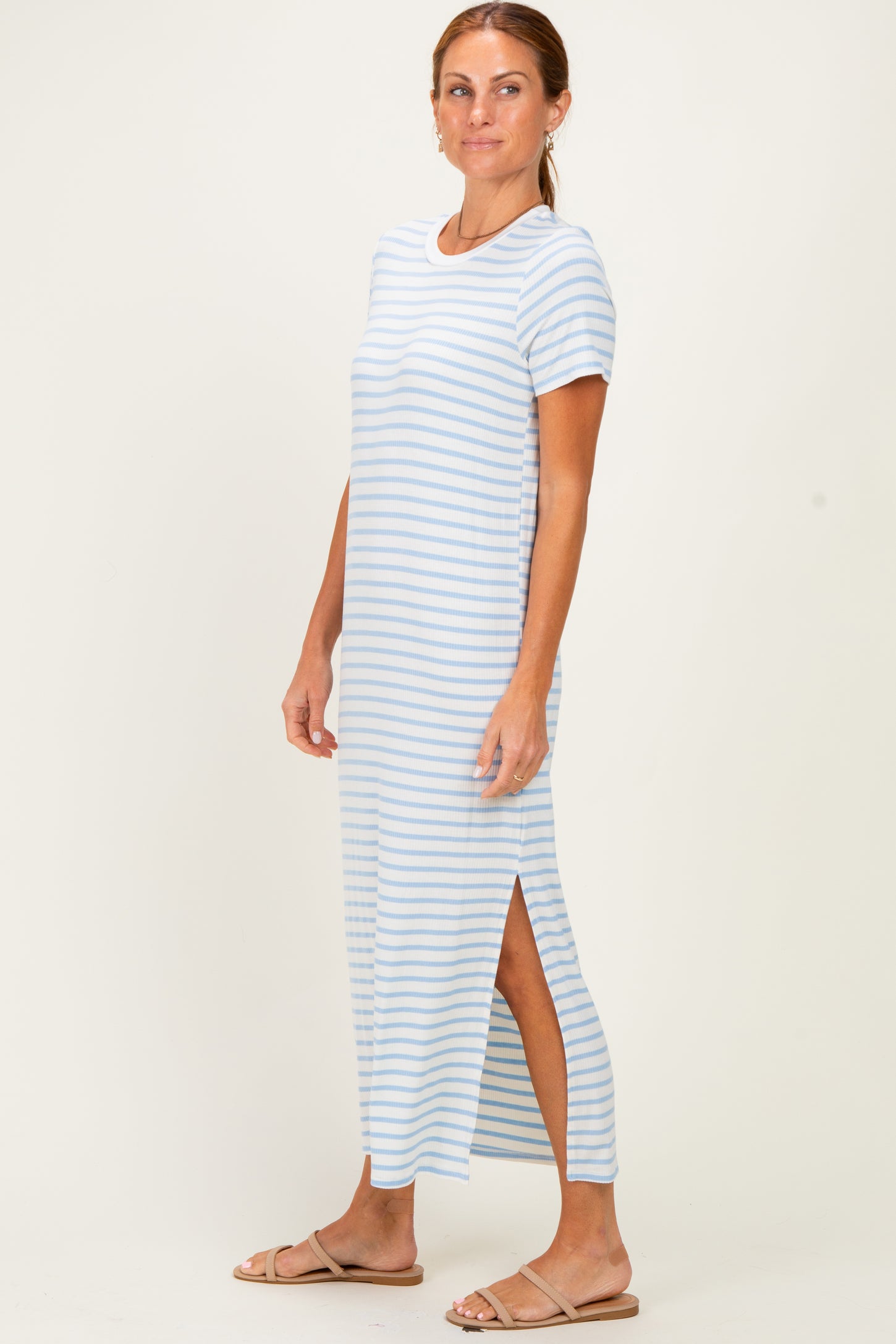 Light Blue/ Ivory Striped Short Sleeve Midi Dress