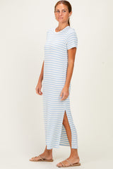 Light Blue/ Ivory Striped Short Sleeve Midi Dress