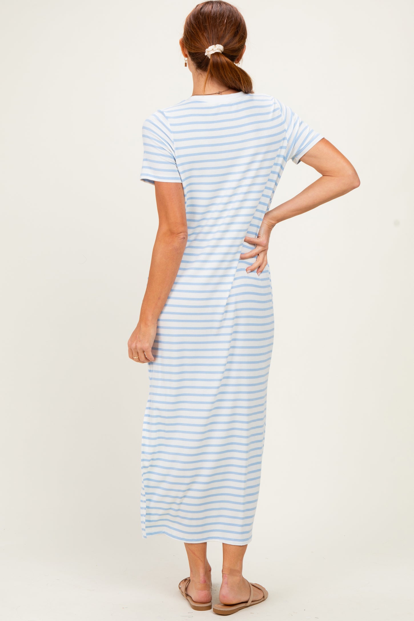 Light Blue/ Ivory Striped Short Sleeve Midi Dress