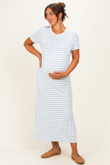 Light Blue/ Ivory Striped Short Sleeve Maternity Midi Dress