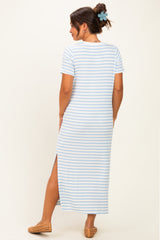 Light Blue/ Ivory Striped Short Sleeve Maternity Midi Dress