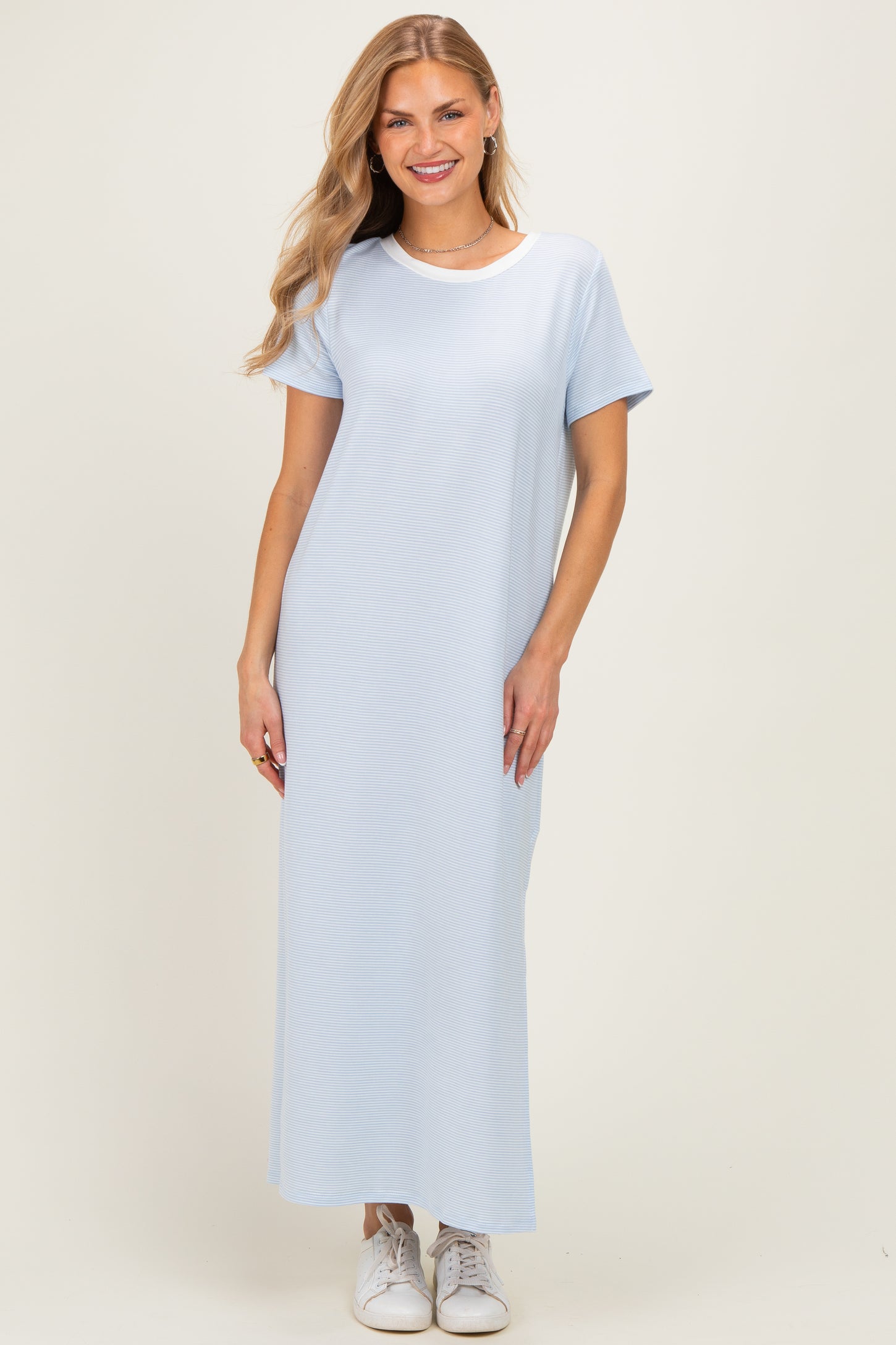 Ivory/ Light Blue Striped Short Sleeve Maxi Dress