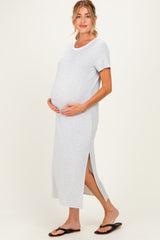 Ivory/ Heather Grey Striped Short Sleeve Maternity Maxi Dress