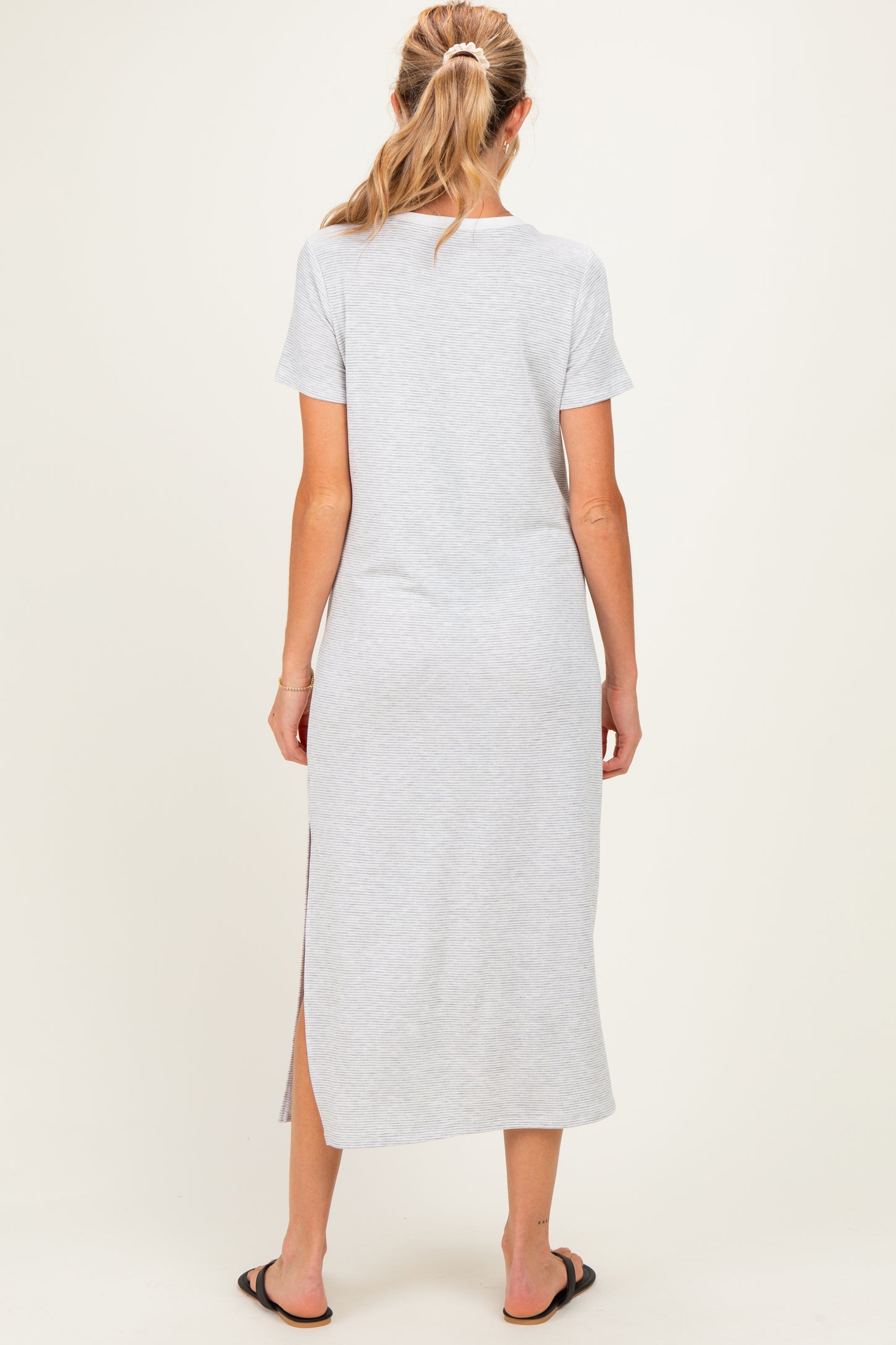 Ivory/ Heather Grey Striped Short Sleeve Maternity Maxi Dress
