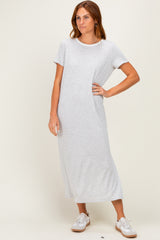 Ivory/ Heather Grey Striped Short Sleeve Maternity Maxi Dress
