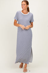Ivory/ Navy Striped Short Sleeve Maternity Maxi Dress