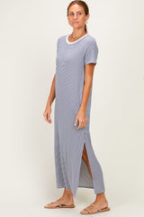 Ivory/ Navy Striped Short Sleeve Maxi Dress