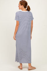 Ivory/ Navy Striped Short Sleeve Maxi Dress