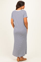 Ivory/ Navy Striped Short Sleeve Maternity Maxi Dress