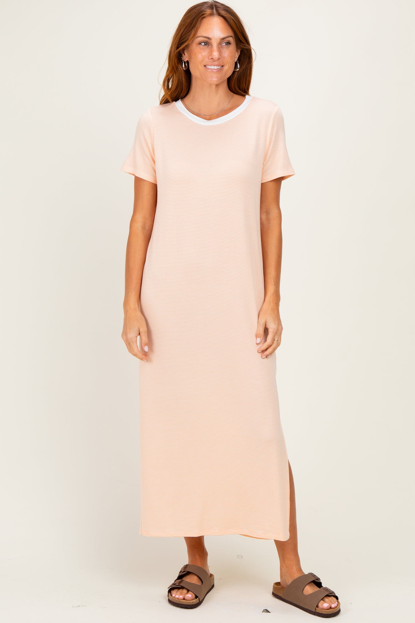 Ivory/ Salmon Striped Short Sleeve Maxi Dress
