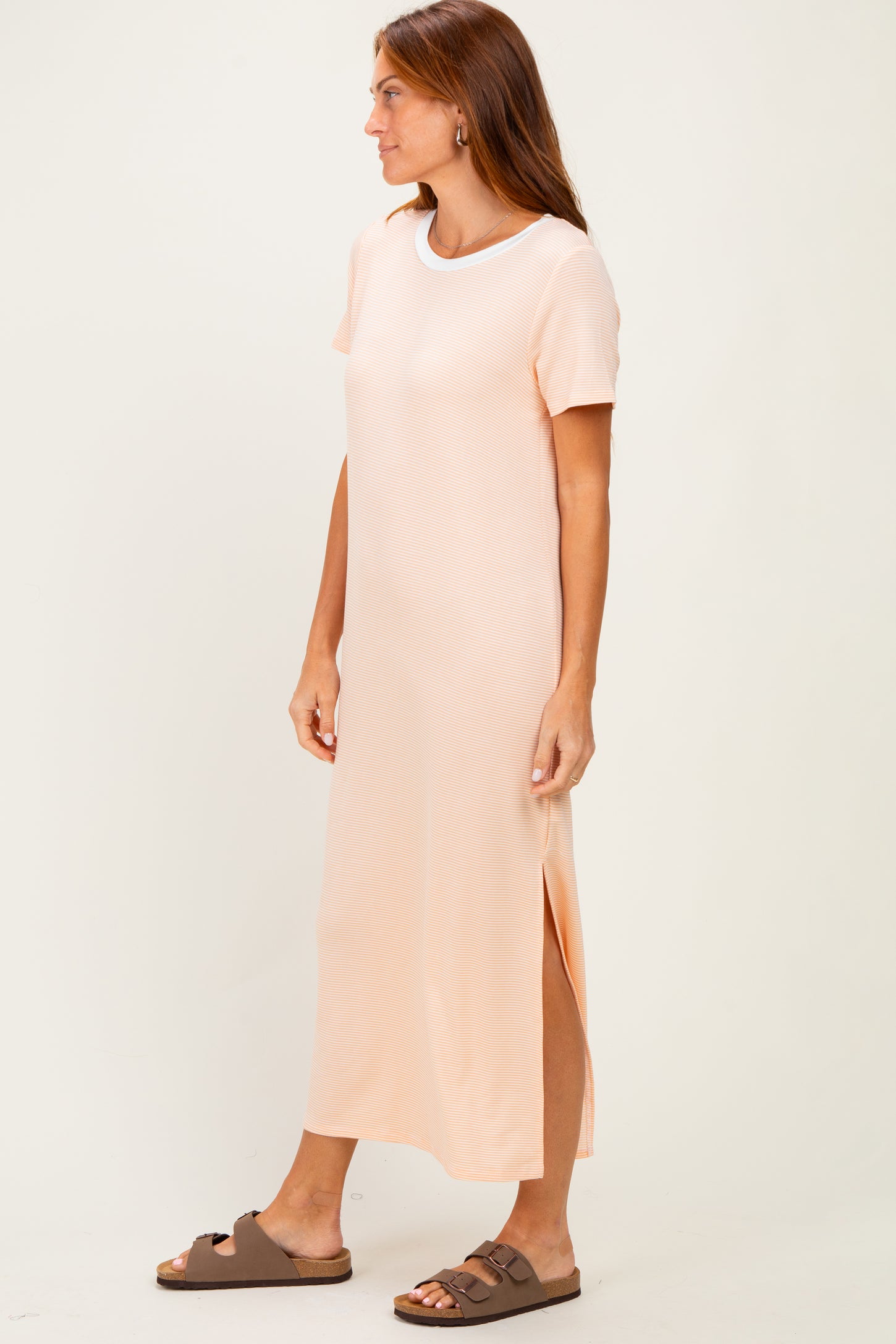 Ivory/ Salmon Striped Short Sleeve Maxi Dress