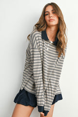 Light Taupe Striped Long Sleeve Polo Maternity Top