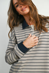 Light Taupe Striped Long Sleeve Polo Top