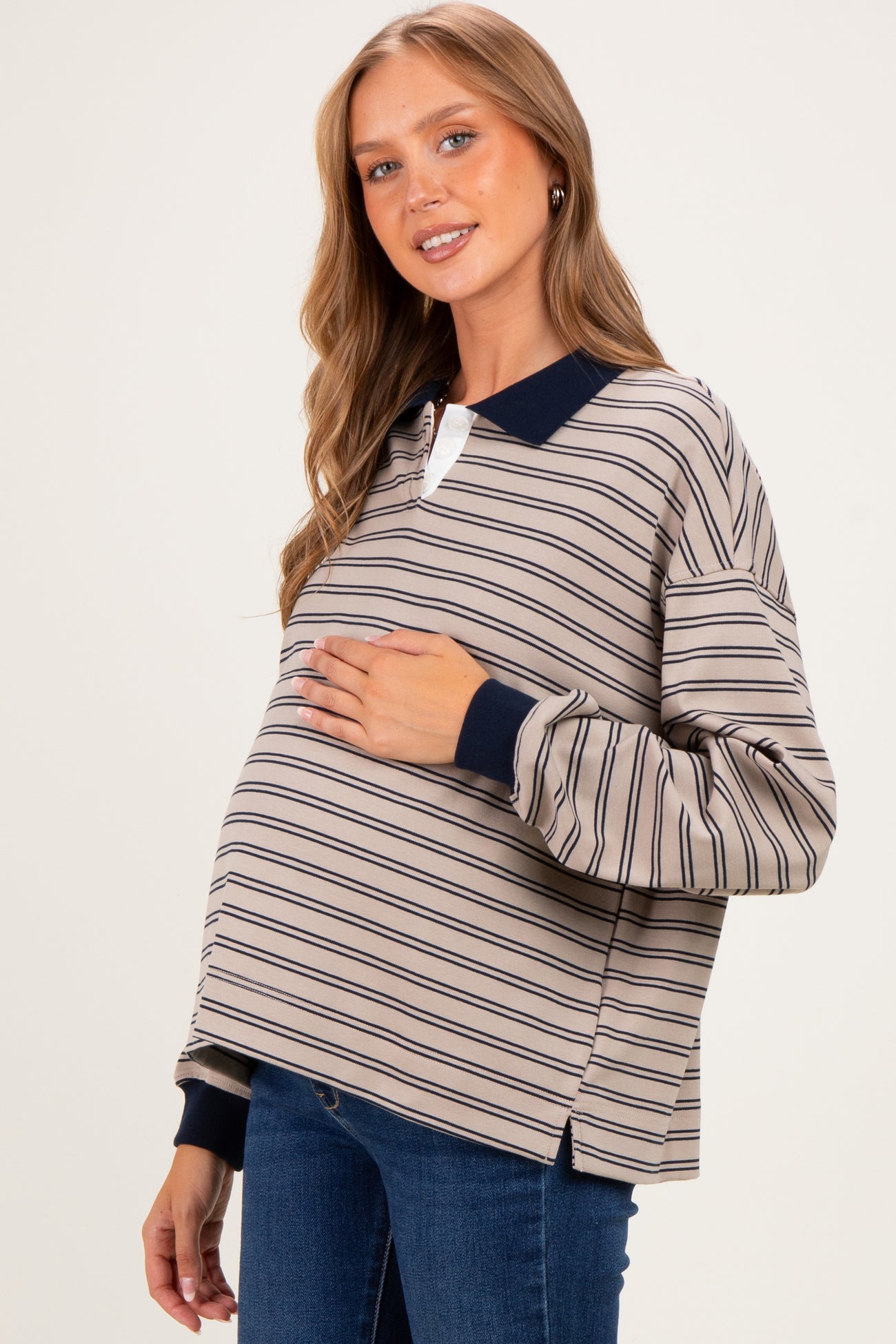 Light Taupe Striped Long Sleeve Polo Maternity Top