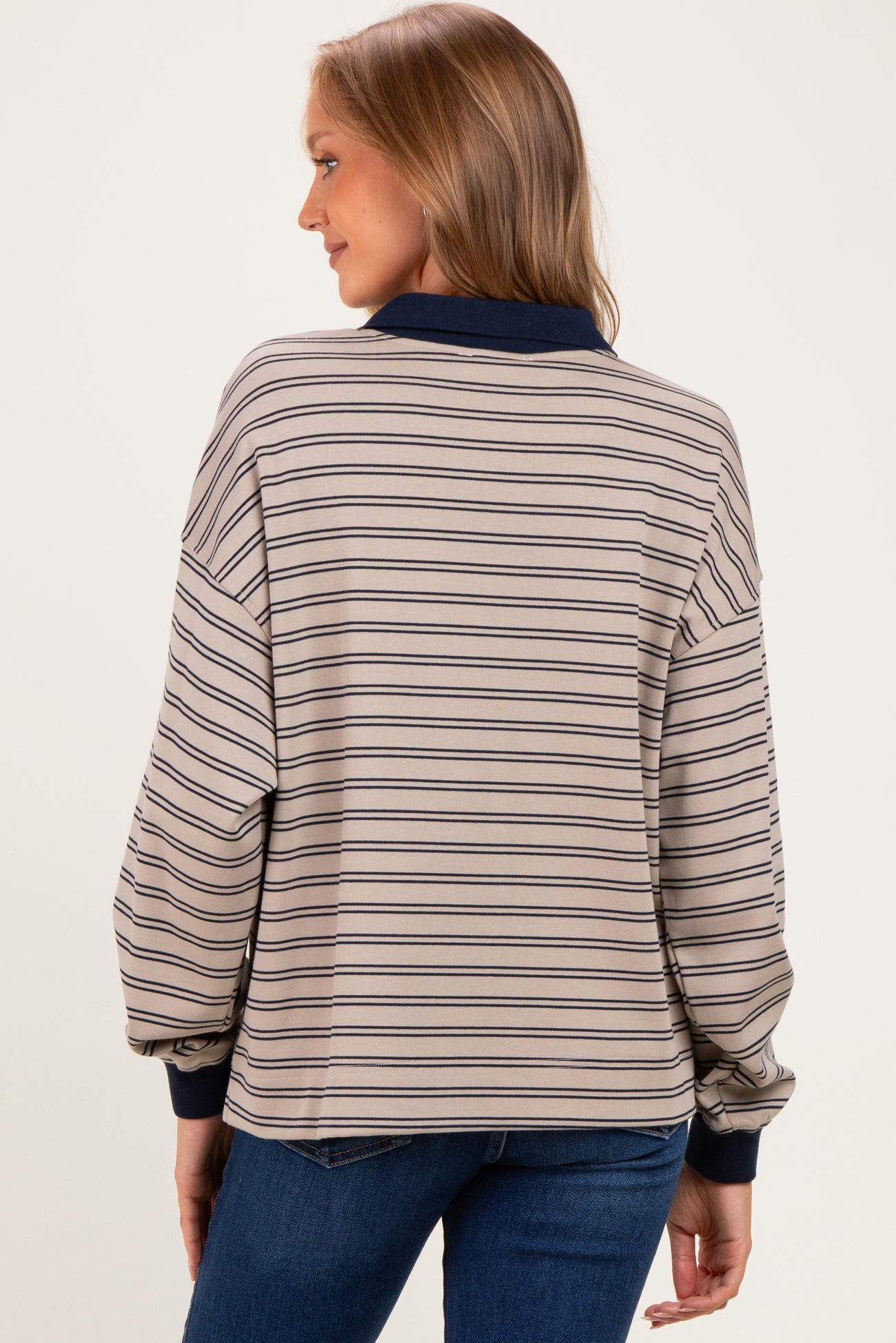 Light Taupe Striped Long Sleeve Polo Maternity Top
