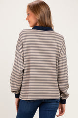 Light Taupe Striped Long Sleeve Polo Maternity Top