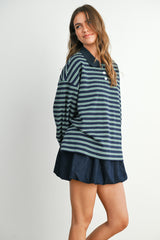 Navy Striped Long Sleeve Polo Top
