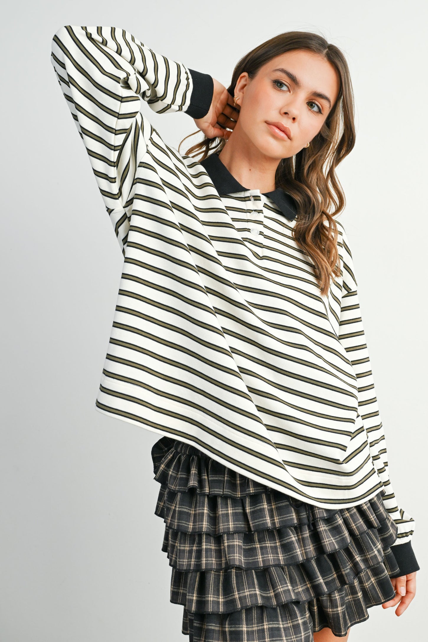 Ivory Striped Long Sleeve Polo Top