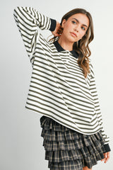 Ivory Striped Long Sleeve Polo Top