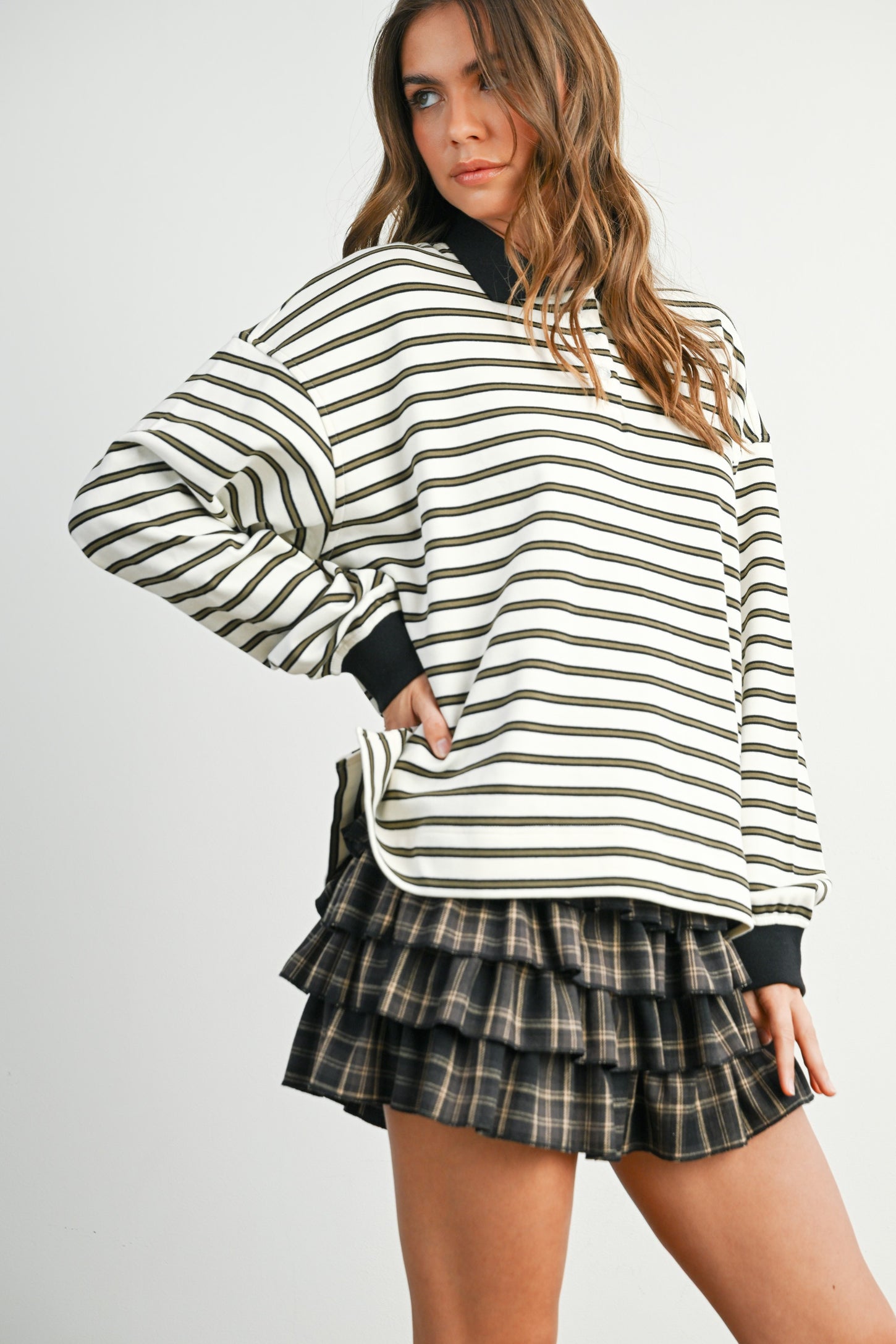 Ivory Striped Long Sleeve Polo Maternity Top