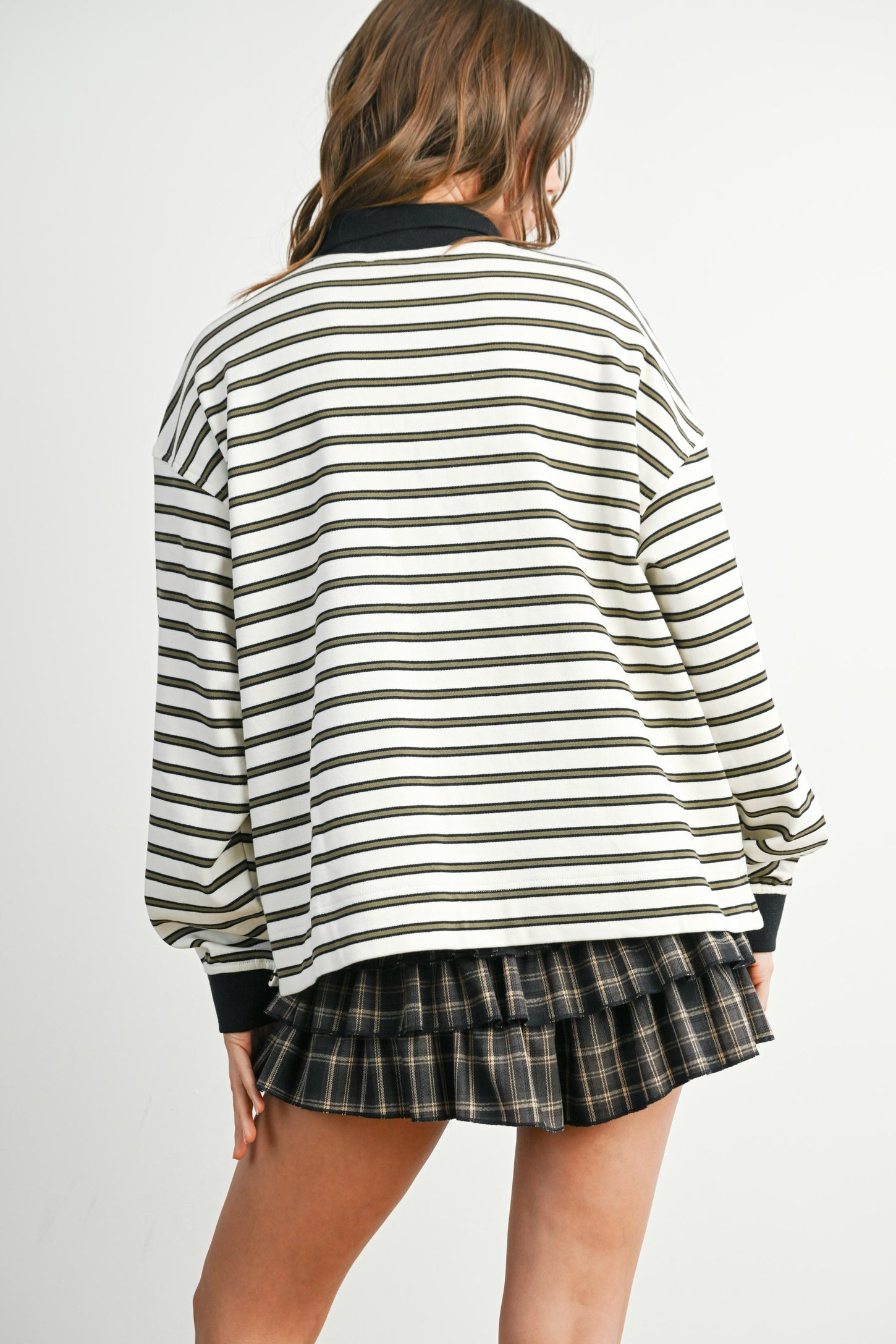 Ivory Striped Long Sleeve Polo Top