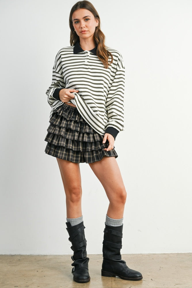 Ivory Striped Long Sleeve Polo Top