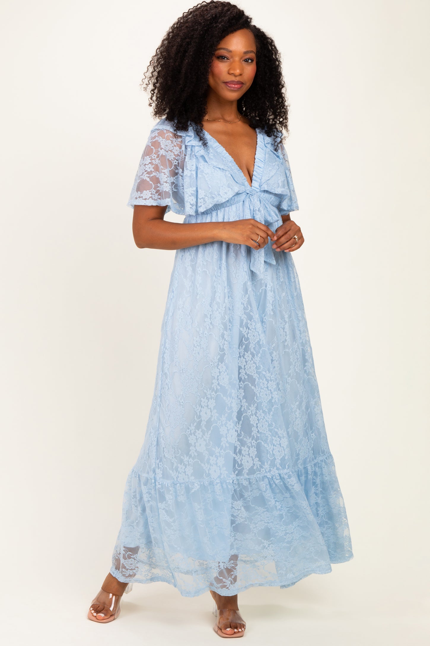 Light Blue Lace Flutter Sleeve Tiered Maxi Dress