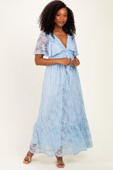Light Blue Lace Flutter Sleeve Tiered Maxi Dress