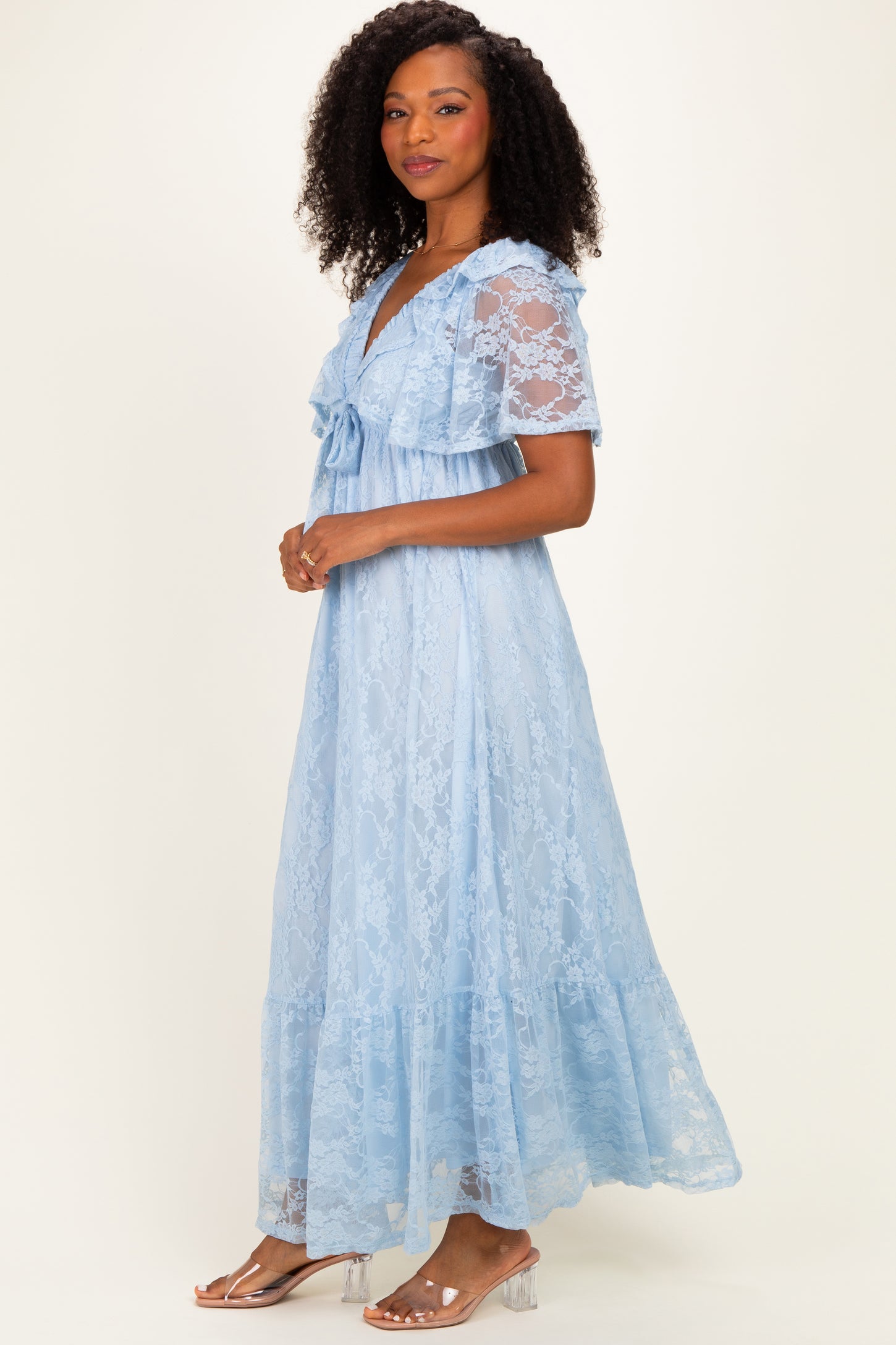 Light Blue Lace Flutter Sleeve Tiered Maxi Dress