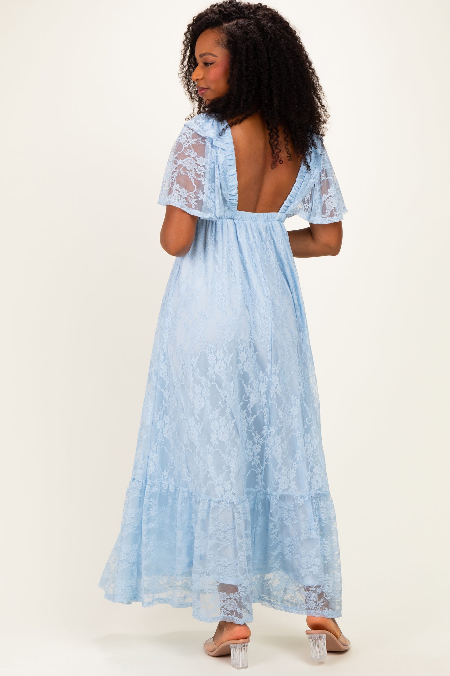 Light Blue Lace Flutter Sleeve Tiered Maxi Dress