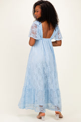 Light Blue Lace Flutter Sleeve Tiered Maxi Dress