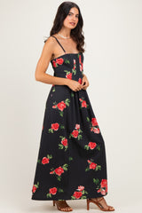 Black Floral Thin Strap Midi Dress