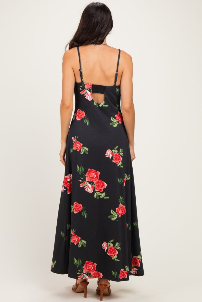 Black Floral Thin Strap Midi Dress