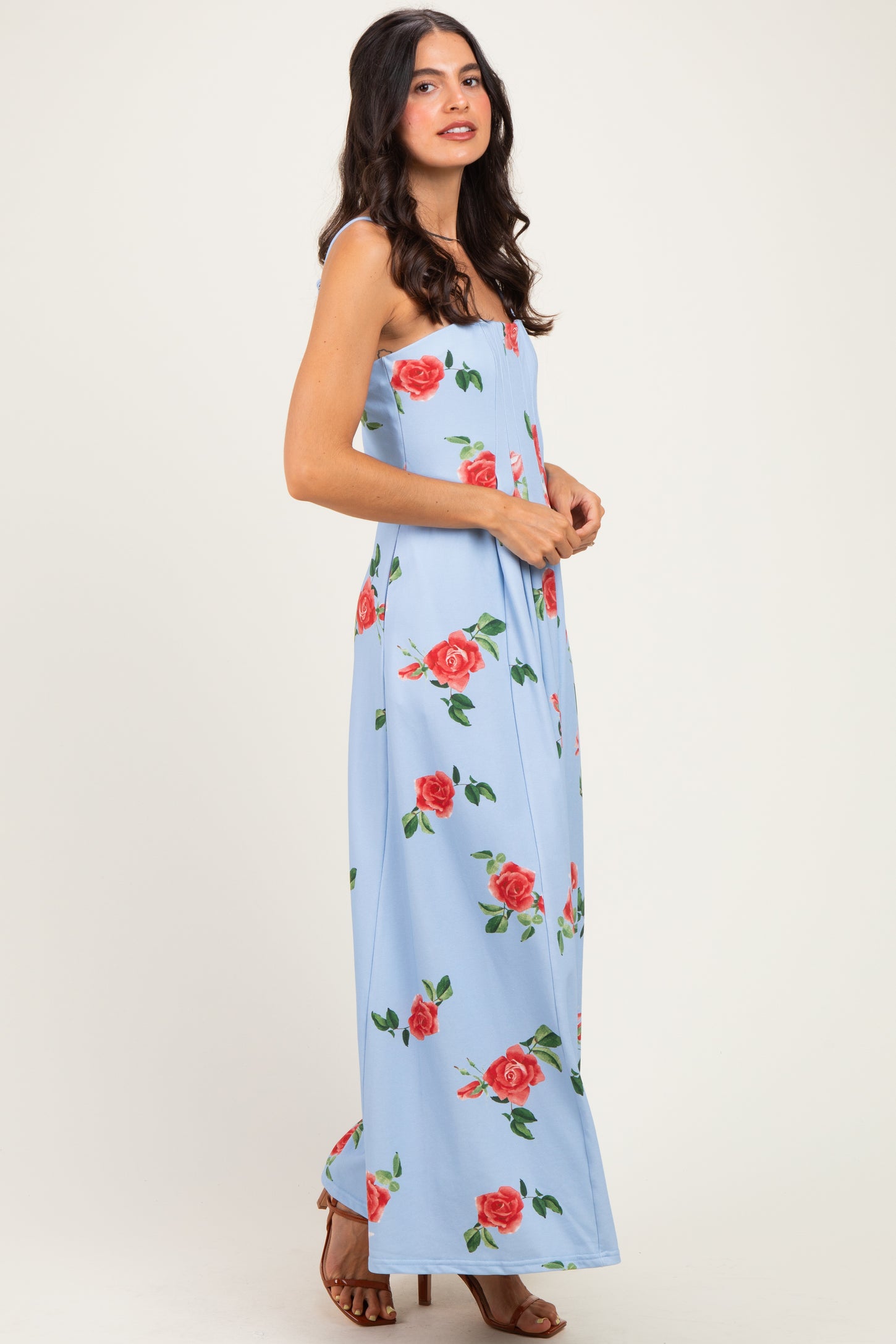 Light Blue Floral Thin Strap Midi Dress