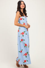 Light Blue Floral Thin Strap Midi Dress