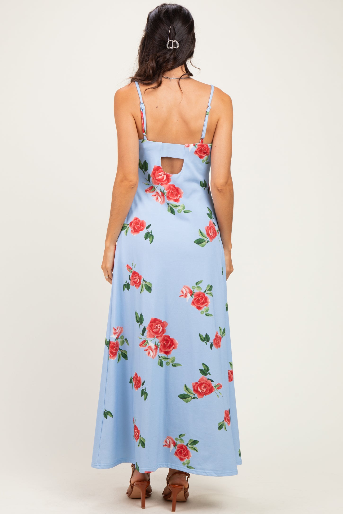 Light Blue Floral Thin Strap Midi Dress