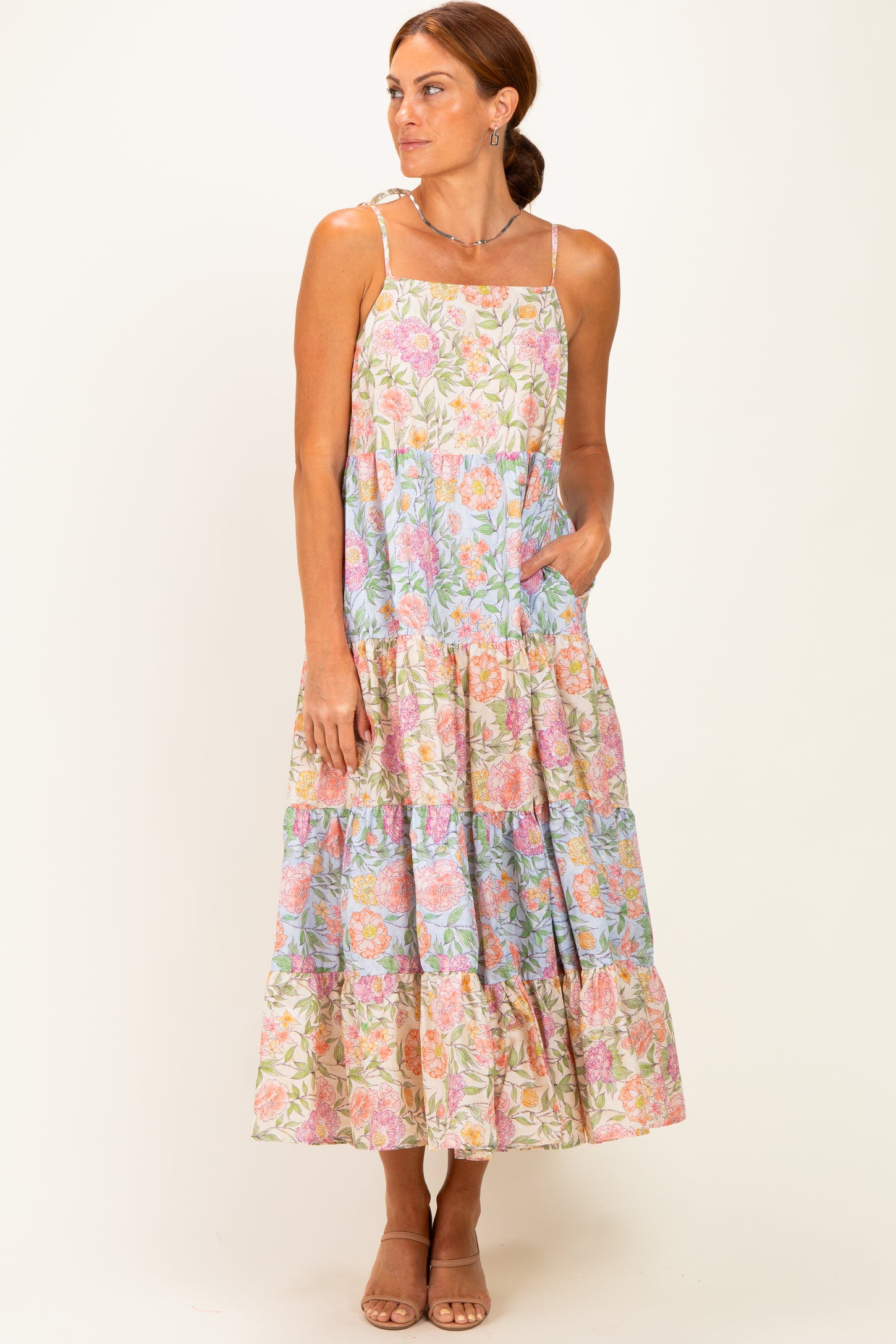Pink Floral Colorblock Tiered Maternity Maxi Dress