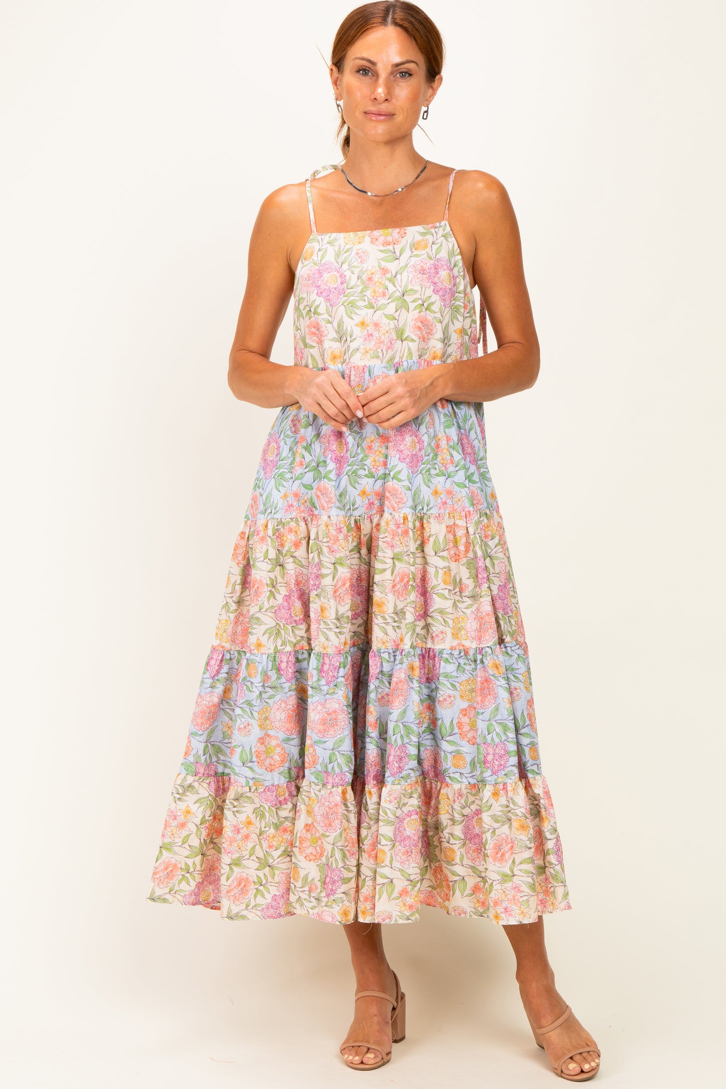 Pink Floral Colorblock Tiered Maxi Dress