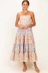 Pink Floral Colorblock Tiered Maxi Dress