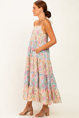 Pink Floral Colorblock Tiered Maxi Dress