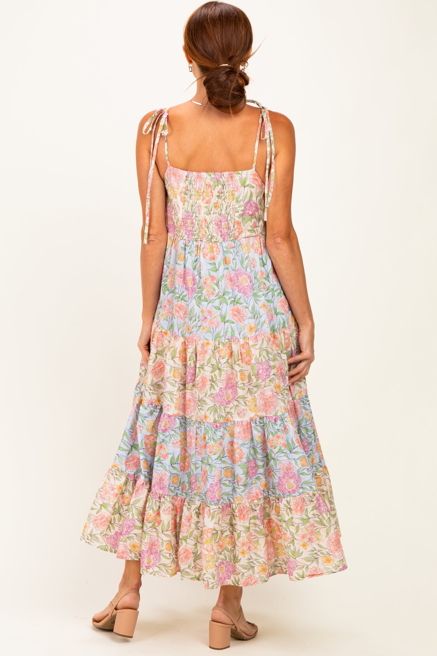 Pink Floral Colorblock Tiered Maxi Dress