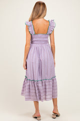 Lavender Plaid Smocked Ruffle Accent Maternity Midi Dress